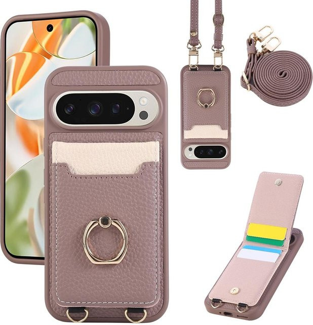 Crossbody Lederhülle für Google Pixel 9 Pro XL 8 9A 8A 7A 8 Pro mit Ringhalter, Kartenfach und Lanyard-Riemen in Pink - Bild 1