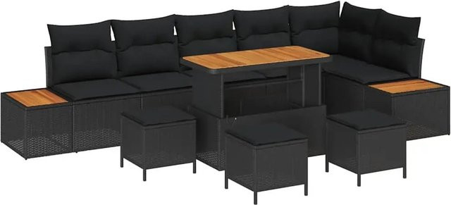 vidaXL 10-teiliges Garten-Sofa-Set in Schwarz aus Poly Rattan und Akazie mit Kissen und wetterfestem Schutz - Bild 1