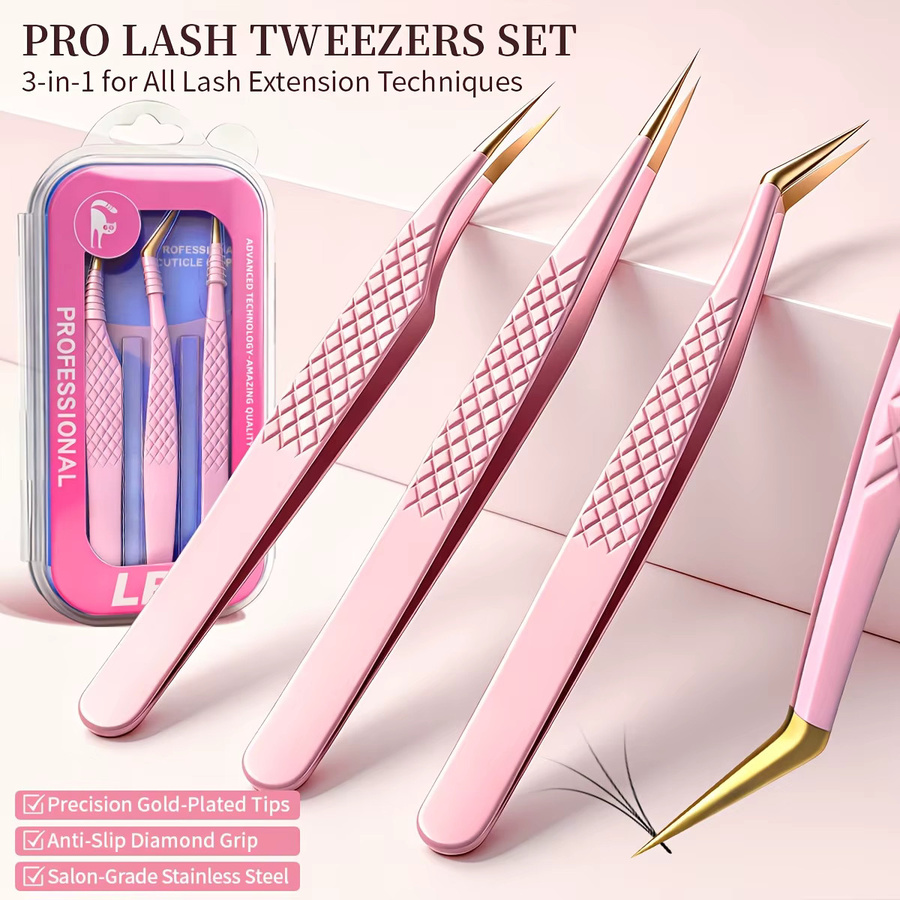 3-teiliges Wimpernpinzette-Set aus Edelstahl, rosa, glänzend - Bild 2