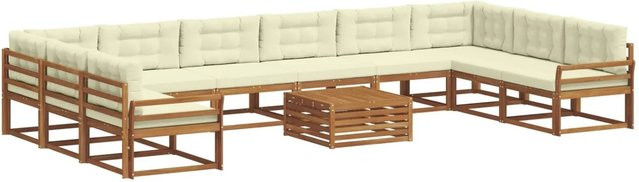vidaXL Outdoor-Sofagarnitur aus Akazienholz in U-Form, 11-teiliges Set mit Kissen in Natur und Creme - Bild 1