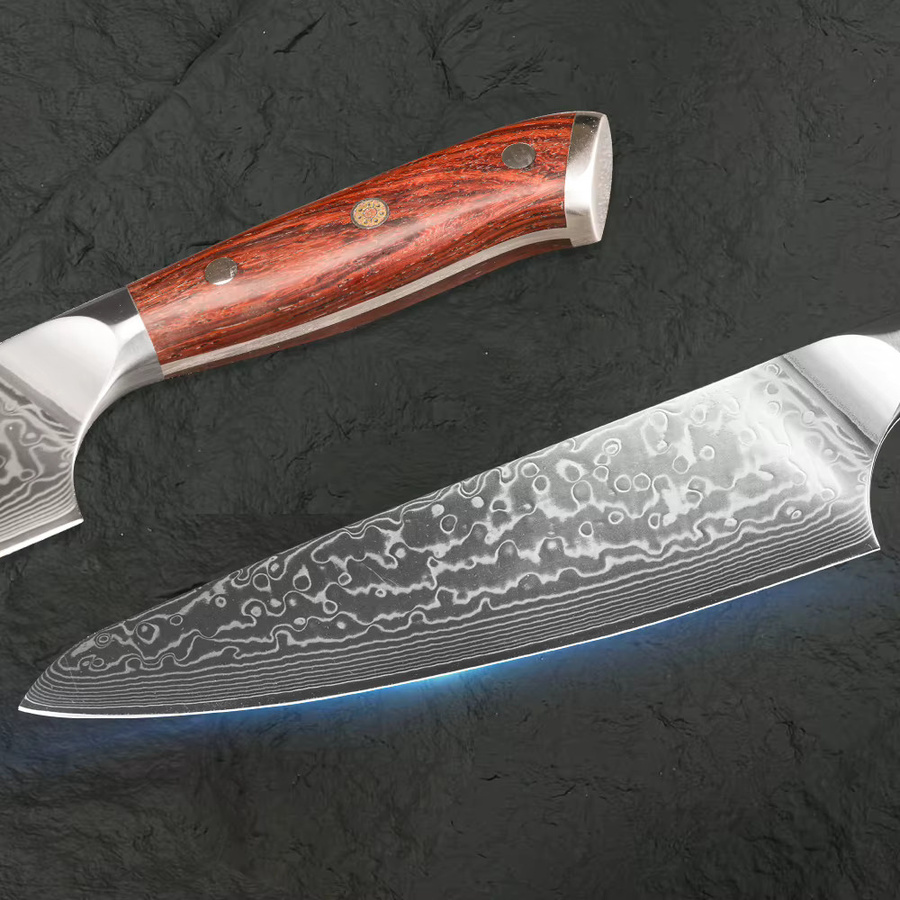 Baovim Santoku-Kochmesser aus geschmiedetem Damaststahl und Edelstahl mit Palisandergriff in Silber und Braun - Bild 5