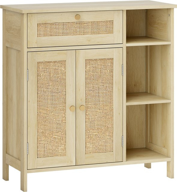 HOMCOM Buffetschrank im Bohème-Stil mit Rattan-Details und Schublade, Naturholzoptik, B/T/H: 75 x 30 x 79,5 cm - Bild 1