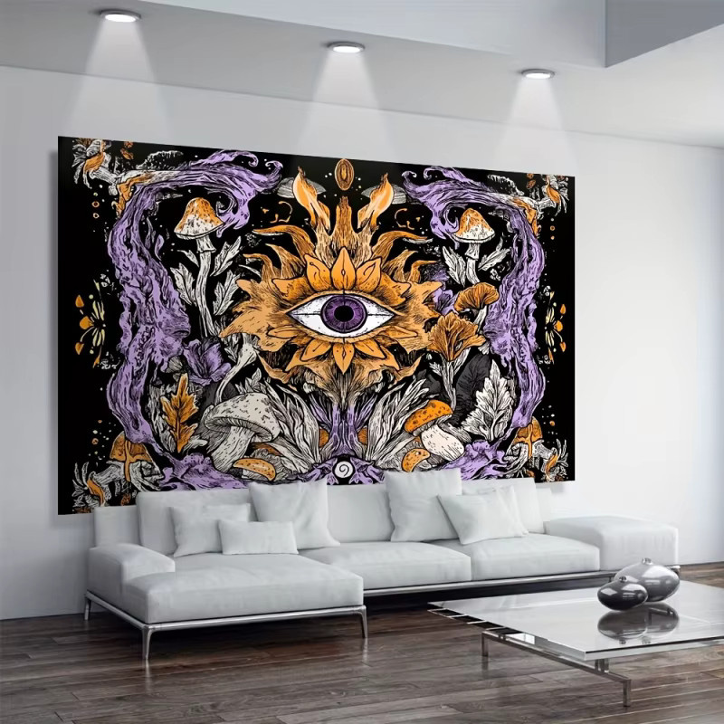 VIKAMA Mystic Eye Boho Wandteppich in Lila und Multicolour mit kosmischer Pilzkunst und Blumenmotiven, Rechteckig, Breite: 60 cm, Höhe: 40 cm - Bild 3