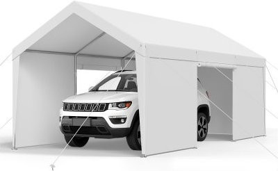 VEVOR Zeltgarage Carport mit abnehmbaren Seitenwänden und Tür, weiß, B/T/H: 6,09 x 3,05 x 2,87 m - Bild 1