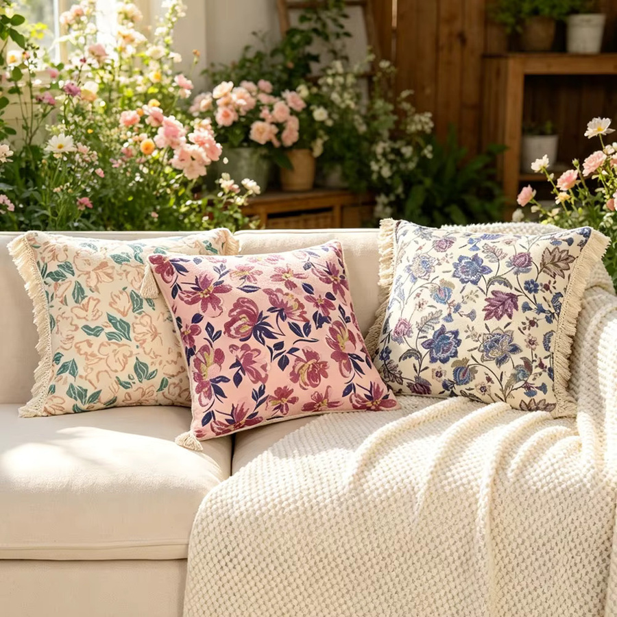 BUYNOW Dekokissenbezug mit Blumenmuster und französischen Quasten, Pink/Mehrfarbig, 45 x 45 cm - Bild 1