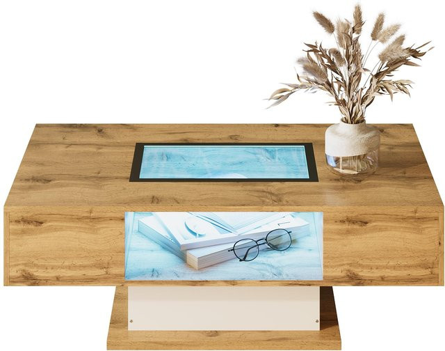 Flieks Couchtisch mit LED-Beleuchtung und Glasplatte in Weiß/Braun, modernes Design mit 2 Schubladen und offenem Aufbewahrungsfach, B/T/H: 110.2 x 60 x 39.7 cm - Bild 1