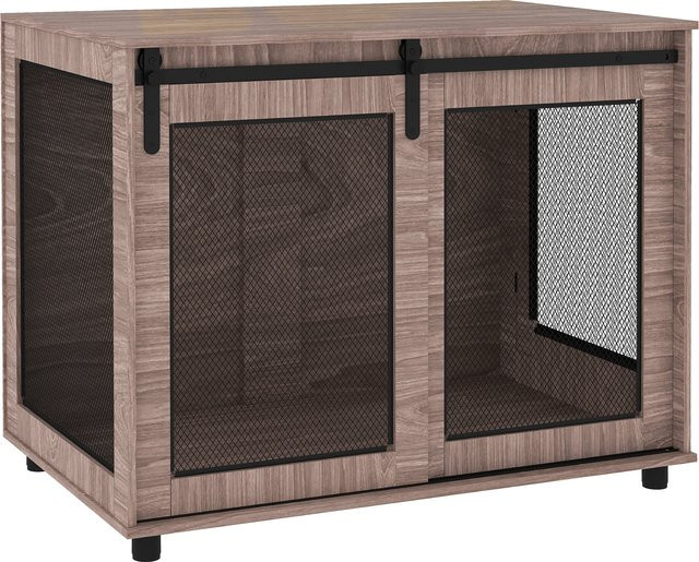 PawHut Hundekäfig als Beistelltisch mit 2 verschließbaren Türen, Hundebox aus Stahl und MDF, Farbe Nussbaum, B/T/H: 98 x 60 x 78 cm - Bild 1