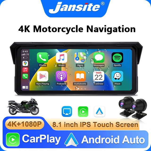 Jansite 8,1 Zoll 4K Motorrad-Dashcam mit GPS-Navigation, Wireless CarPlay und Android Auto, IPX7 wasserdichter Touchscreen Monitor in Schwarz - Bild 1