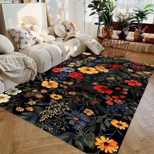 Moderner Blumen Teppich in Schwarz Weiß, Wasserdicht und Rutschfest, B/B: 50 x 80 cm - Bild 1