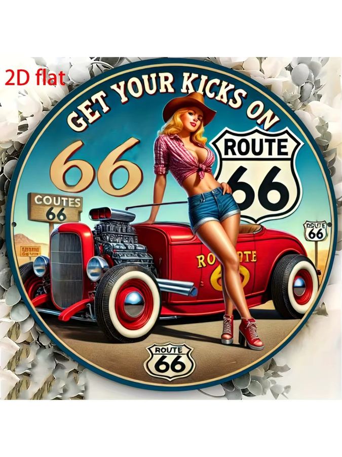 Vintage Route 66 Aluminium-Wandschild von CIFBUY mit Auto und roten Rosen, B/B/B: 20,3 x 20,3 x 0,1 cm - Bild 5