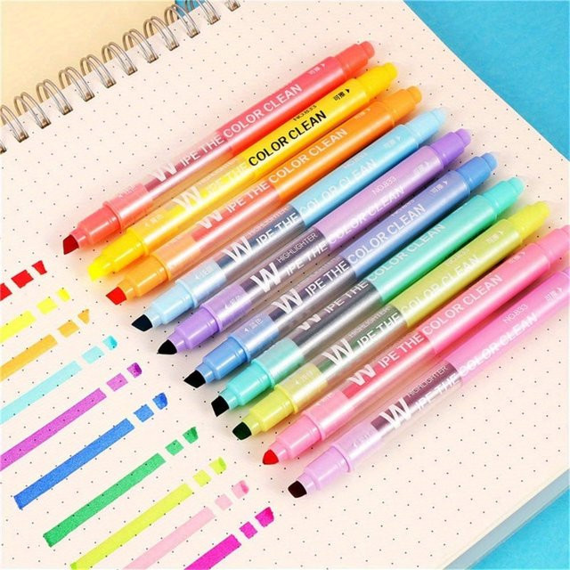 Löschbare Textmarker mit Doppelkopf und Keilspitze in Multicolour für Schule und Tagebuch - Bild 1