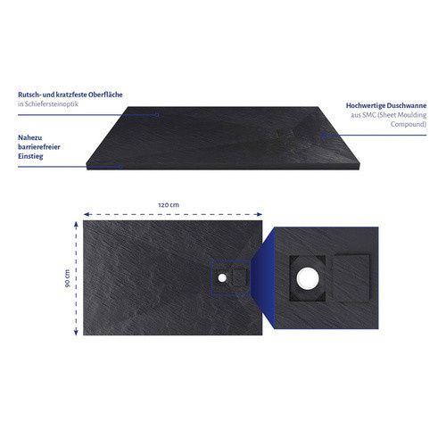 Marwell Duschwanne rechteckig in Schwarz, B/T: 140 x 90 cm - Bild 3