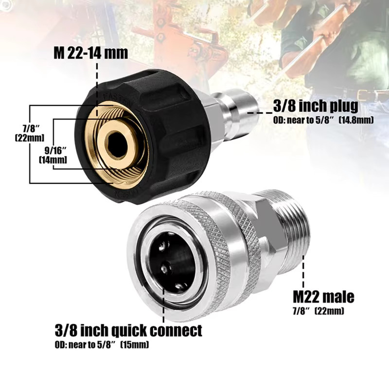 Werkzeug-Adapter-Set für Hochdruckreiniger aus Edelstahl in Silber und Grau mit M22 14 mm/15 mm auf 3/8 Zoll Schnellanschluss-Satz - Bild 2