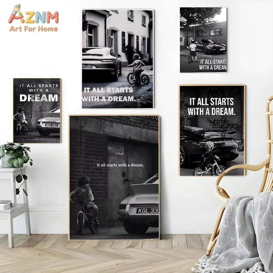 AZNM It All Starts With A Dream Porsche Leinwand-Wandkunst, Schwarz-Weiß, Ungerahmt - Bild 2