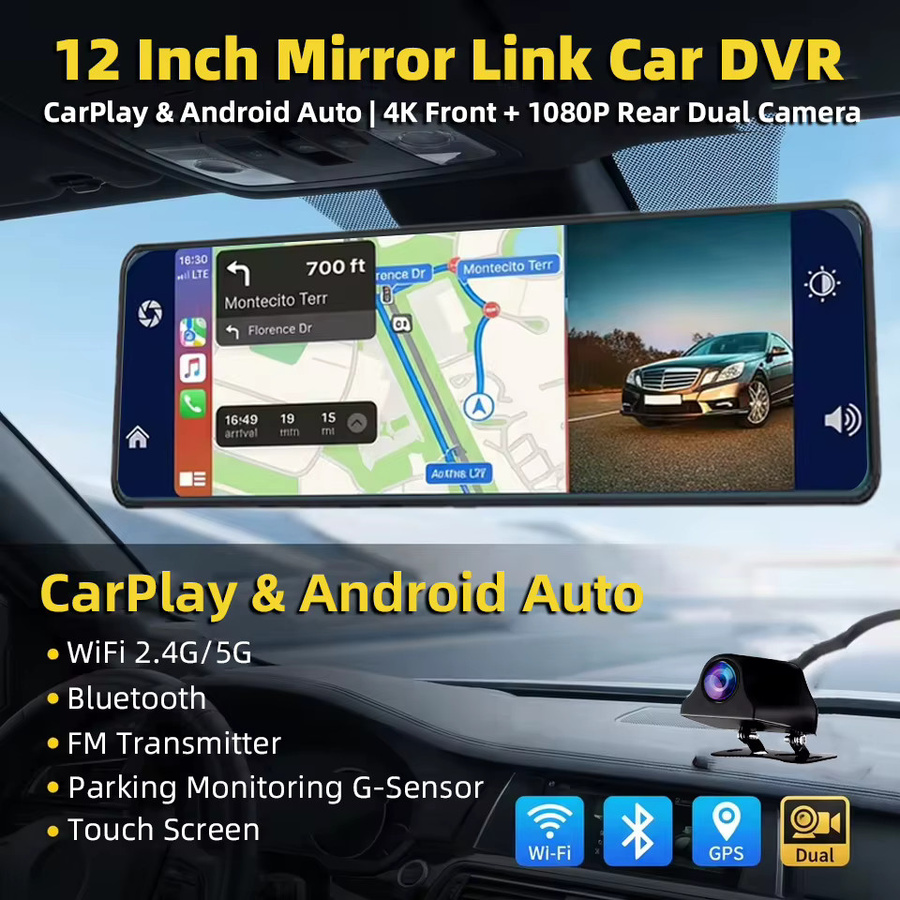 E-ACE 12 Zoll 4K UHD Dashcam mit CarPlay und Android Auto, WiFi, GPS, Bluetooth, FM-Transmitter und 1080P Rückkamera in Schwarz - Bild 2
