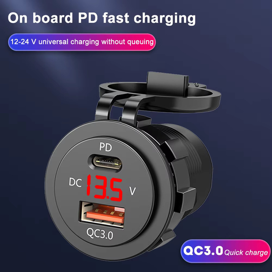 Wasserdichte USB-Ladebuchse mit PD Typ C und QC3.0 Schnellladegerät-Adapter, 12V 40W mit Schalter, Schwarz, für Auto, Marine und Motorrad - Bild 2