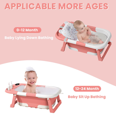 Faltbare Babybadewanne in Pink mit Ablaufloch, weichem Kissen und rutschfestem Design für unterwegs und zu Hause