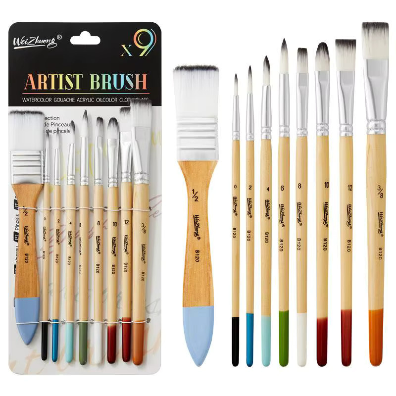 9-teiliges CHENJ Acryl-Ölgemälde-Pinselset mit Nylonhaar und Holzgriffen in Beige und Multicolour für Leinwand und Aquarell - Bild 3