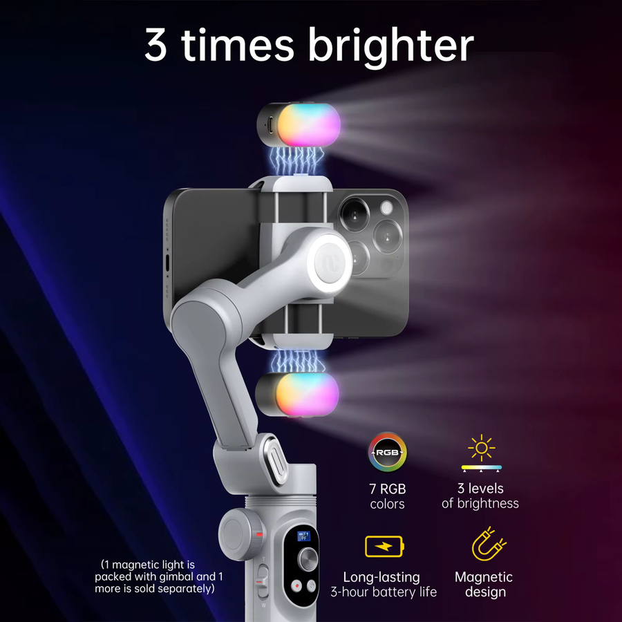 AOCHUAN Smart XPro 3-Achsen-Smartphone-Gimbal-Stabilisator mit RGB-Video-Fülllicht für iPhone und Android, Grau - Bild 2