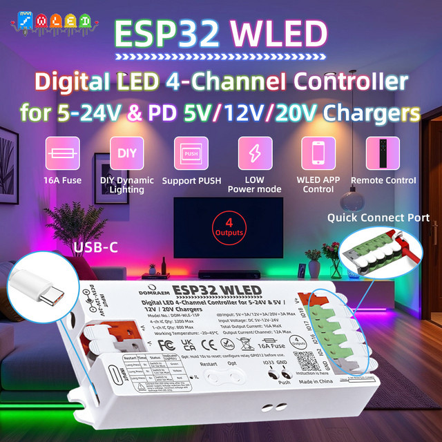 DOMRAEM Dual PSU ESP32 WLED Digital LED Controller mit 4 Ausgängen für WS2811/12B APA102 Pixel-LEDs, PD 5V/12V/20V & DC 5-24V, WiFi und USB, Weiß - Bild 1