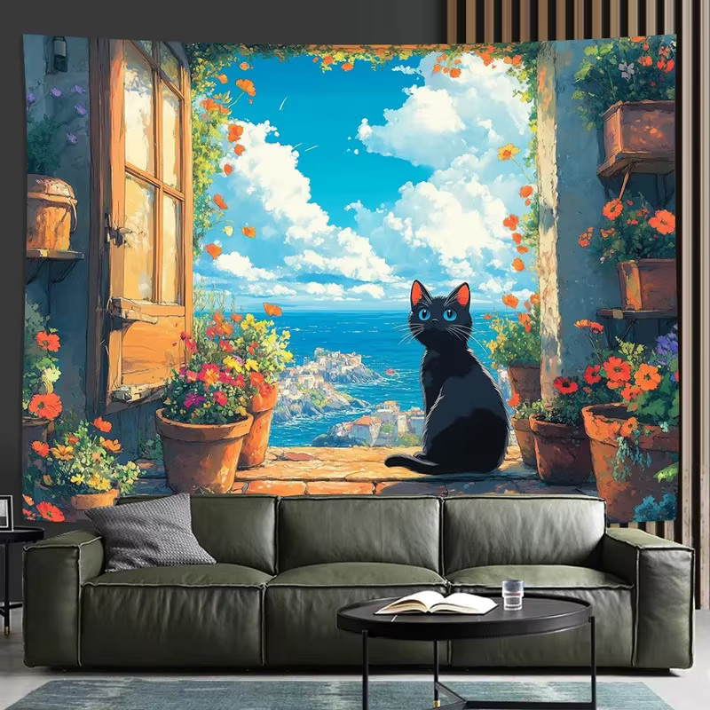VIKAMA 3D-Wandteppich mit schwarzer Katze und Wellenmotiv in Schwarz und Multicolour, B/H: 70 x 70 cm - Bild 2