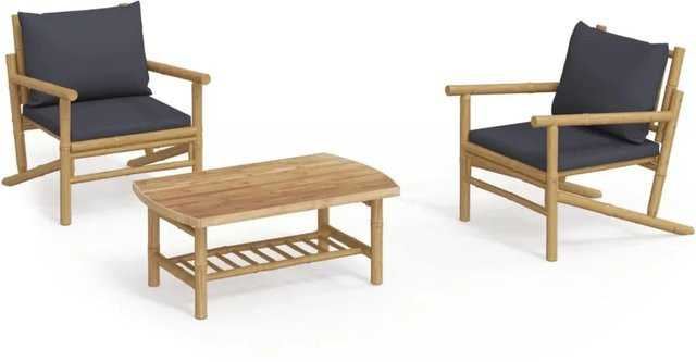 vidaXL 3-tlg Garten-Lounge-Set aus Bambus mit dunkelgrauen Kissen und Couchtisch - Bild 1