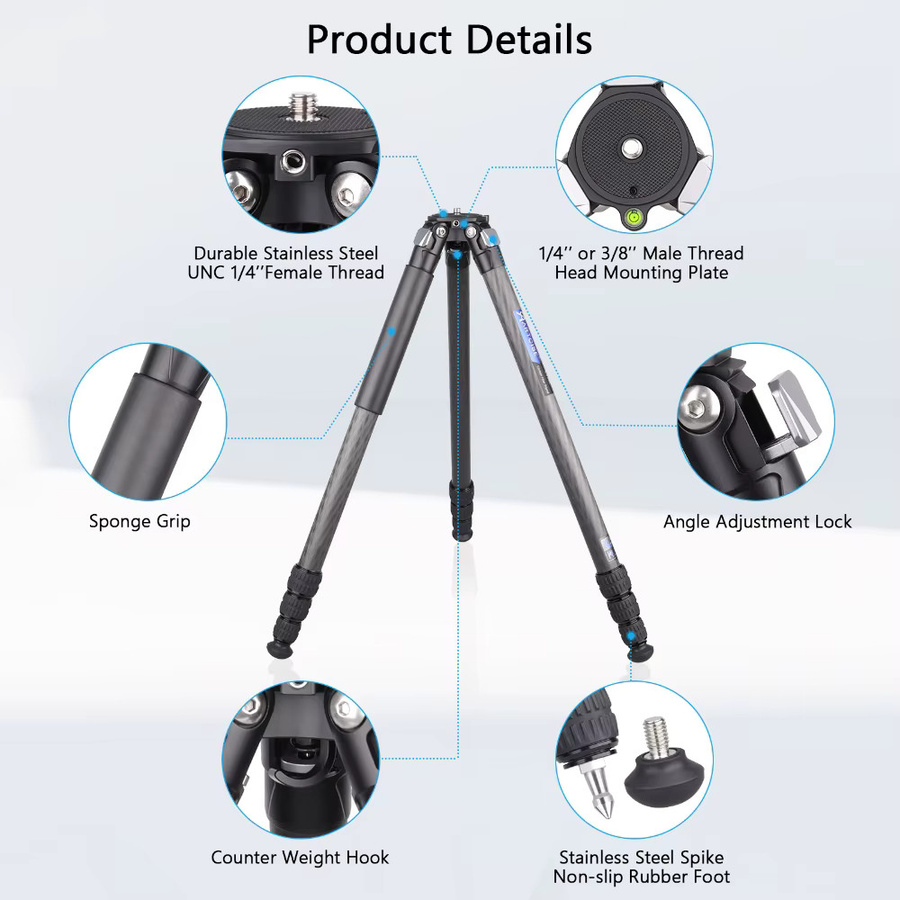 ARTCISE CT70C Carbonfaser-Reisestativ in Schwarz, professionelles DSLR-Stativ mit 29mm Rohr, Belastbarkeit bis 20kg, Höhe: 158 cm - Bild 5