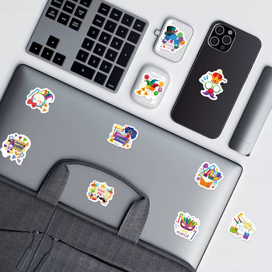 500 Stück Happy Purim Aufkleber von PickJoy in Multicolor mit Clown-Masken und Trommel-Motiven für Kinder und jüdische Feiertage - Bild 3