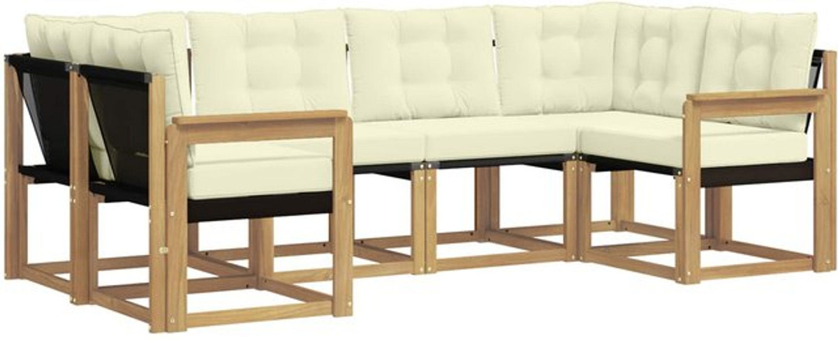 vidaXL Outdoor-Sofagarnitur aus Akazienholz mit Kissen in Weiß und Beige, 6-teiliges Loungemöbel-Set - Bild 1