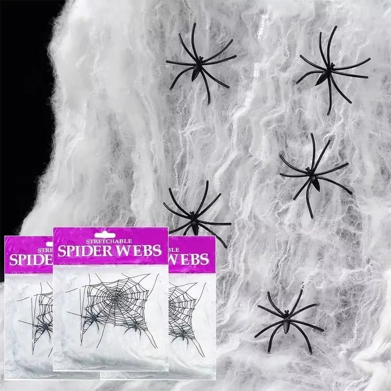Trebalena Halloween Spinnennetz-Dekoration in Weiß mit künstlichen Spinnen für deine Party im Innen- und Außenbereich - Bild 2