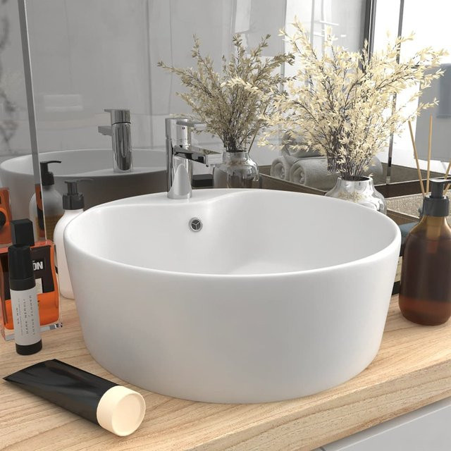 vidaXL Keramik-Waschbecken mit Überlauf, Weiß, Rund, B: 36 cm, H: 13 cm - Bild 2