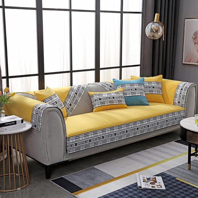 Modernes Chenille Sofakissen mit Gitter-Spleiß-Design in Gelb, quadratisches Rückenkissen mit abnehmbarem Bezug, B/B: 70 x 70 cm - Bild 1