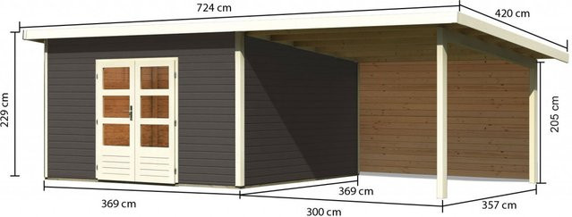 Gartenhaus Karibu NORTHEIM 5 aus Massivholz in Terragrau mit Anbaudach und Rückwand, Pultdach, Breite: 369 cm, Tiefe: 369 cm, Wandstärke: 38 mm - Bild 1