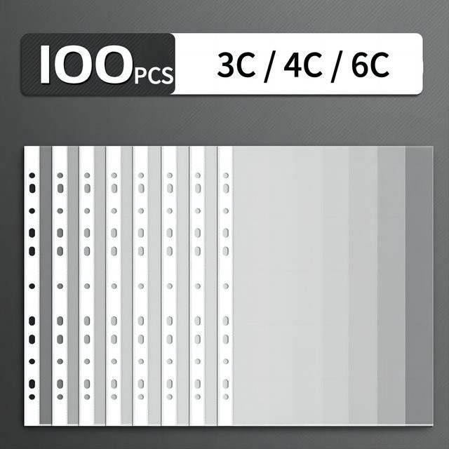 100 Stück BUNKI A4 Aktentaschen aus Kunststoff, transparente 11-Loch Einschubtaschen für Ringbuch-Ordner - Bild 1