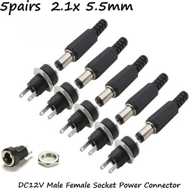 5 Paar DC 12V Hohlstecker Set mit männlichen und weiblichen Buchsen zur Panelmontage, Farbe: Schwarz - Bild 1