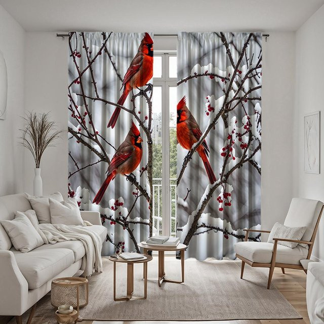 2er-Set dekorative Vorhänge mit Schneezweigen und Elster-Motiv in Grau und Weiß, B: 132 cm, H: 160 cm - Bild 1