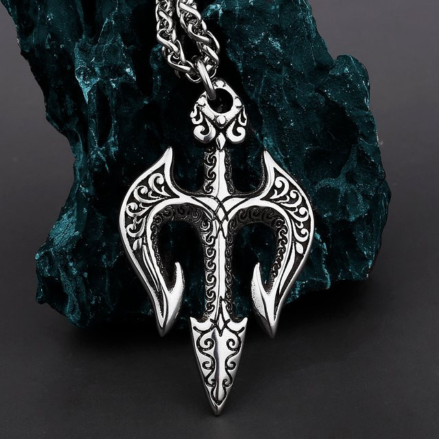 Halskette Poseidon Dreizack, Edelstahl, Silber, Unisex, Vintage - Bild 1