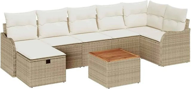 vidaXL Garten-Sofa-Set aus Poly Rattan in Beige, 8-teiliges L-Shape Lounge-Set mit Kissen und integriertem Stauraum - Bild 1