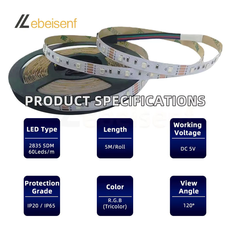 Lebeisenf RGB LED Strip Set mit 5m Länge, 60 LEDs/m SMD, USB-Anschluss und 24-Tasten-Funkfernbedienung, Multicolor - Bild 3