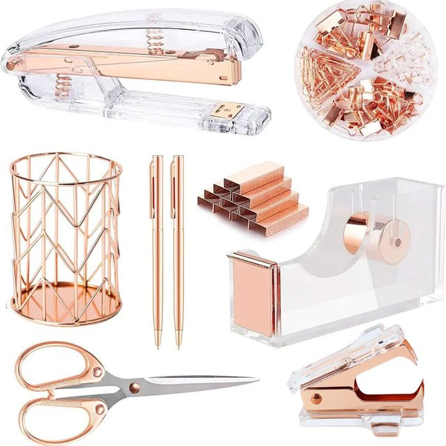 Komplettes Bürobedarf-Set aus Acryl in Transparent und Gold mit Organizer, Schere, Kugelschreiber und Zubehör - Bild 1