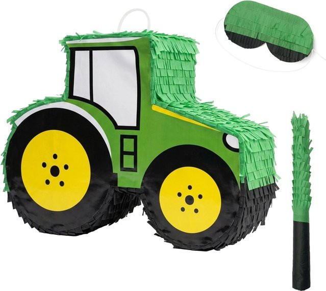 Relaxdays Traktor Pinata, Grün Gelb, 3-teiliges Set mit Stab und Maske - Bild 1