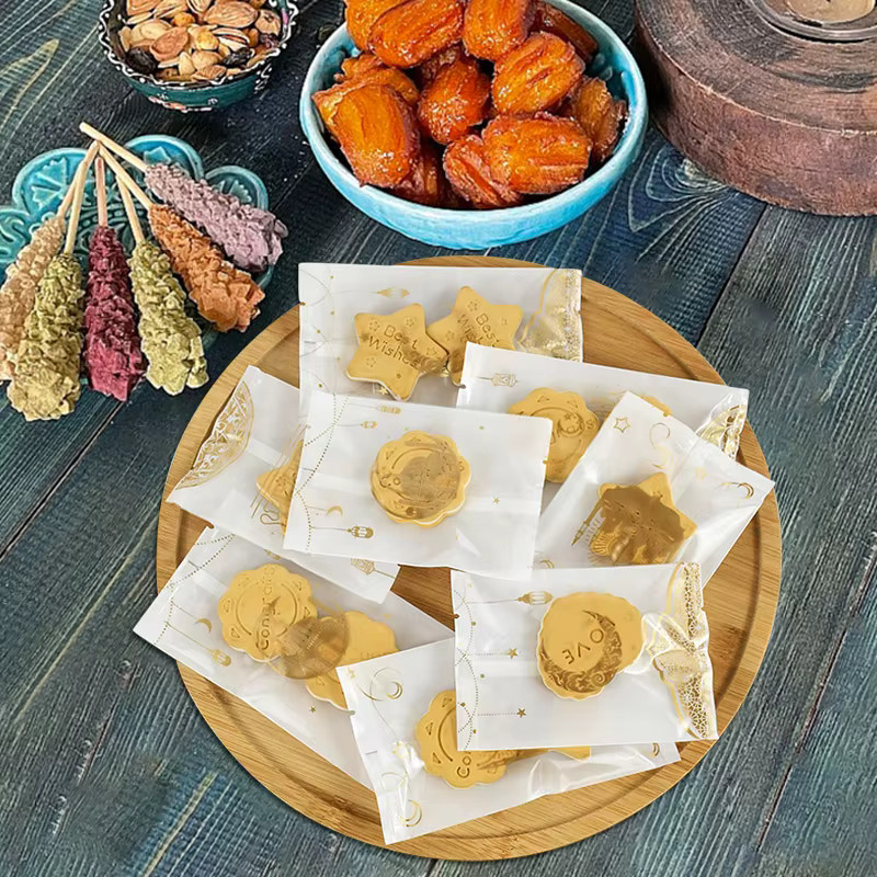 ZQCXLD Ramadan Transparente Kekstüten mit Golden Moon und Star für Eid Mubarak Süßigkeitentüten aus Kunststoff in Gold und Transparent - Bild 3