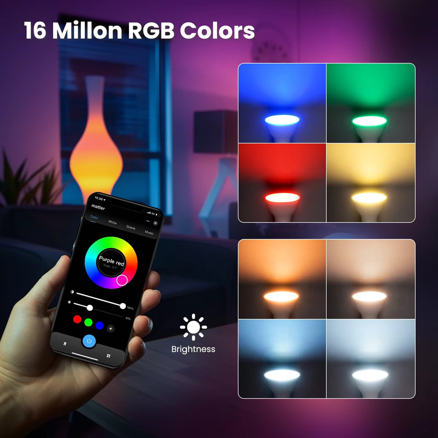 Tuya Matter WiFi Smart Bulb Dimmbare LED-Kerzenlampe mit 16 Millionen RGB-Farben, GU10 E27 E14, Sprachsteuerung für Alexa und Google Home - Bild 3