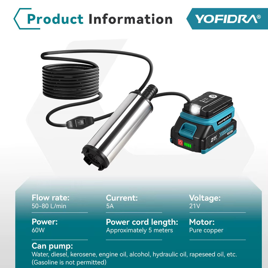 YOFIDRA elektrische Tauchpumpe für Makita 18V Akku, kabellose Abwasserpumpe mit 50–80 l/min, Farbe: Silber - Bild 2