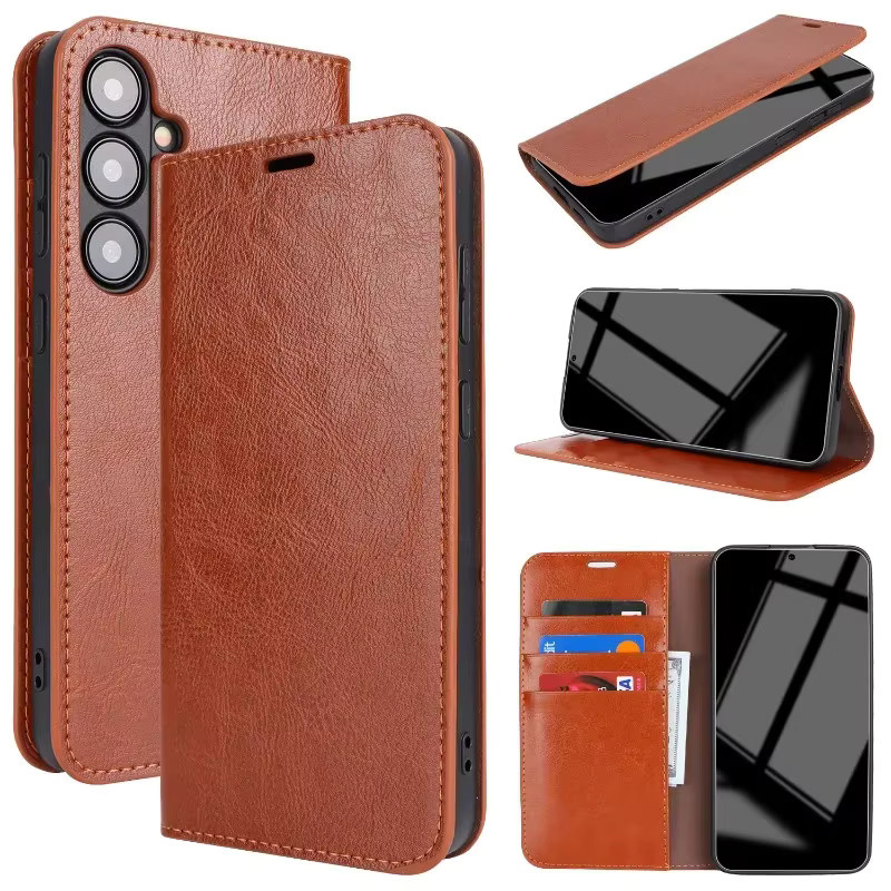Flip Dermis Leder Handyhülle für Samsung Galaxy S23 FE S24 Ultra S22 Plus A25 A24 A54 A14 A34 5G Brieftasche mit Kartenhalter in Braun - Bild 1