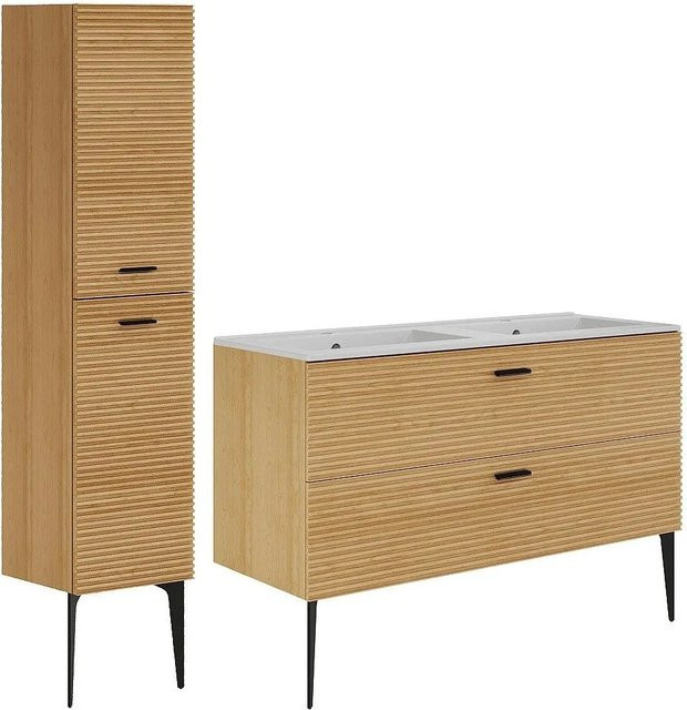 Vente-unique Badmöbel-Set Sarone in Naturfarben mit Doppelwaschtisch, Hochschrank und Badezimmerschrank, Breite: 120 cm - Bild 1