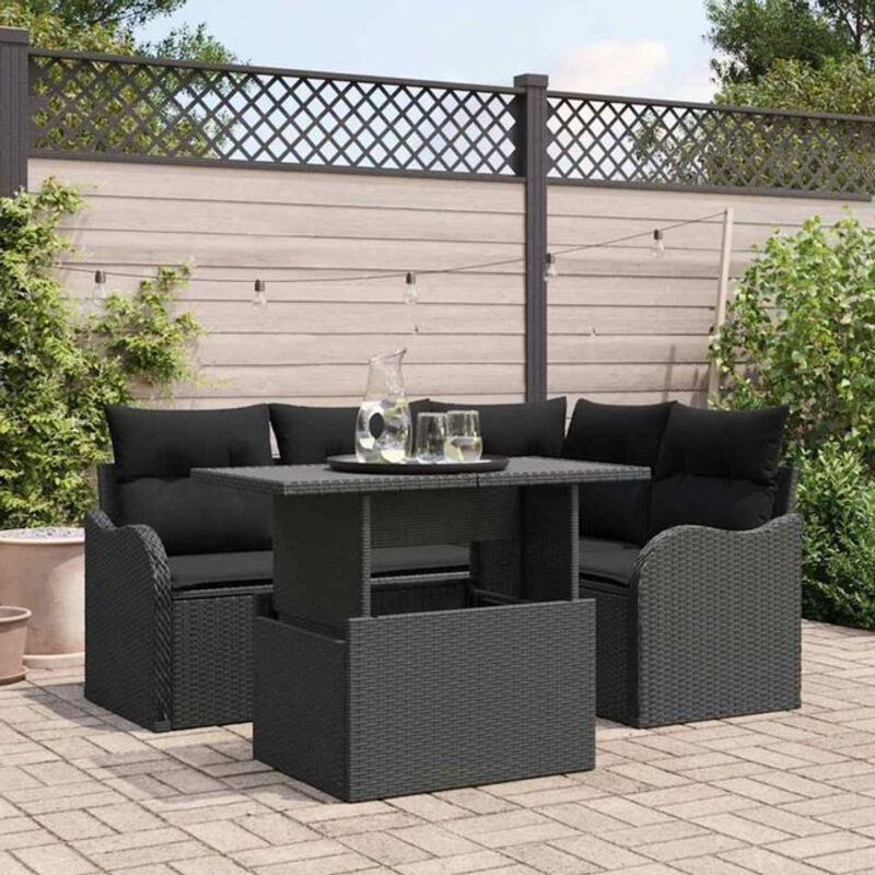 vidaxl Gartensofa-Set aus Poly-Rattan mit 5 Kissen in Schwarz - Bild 1