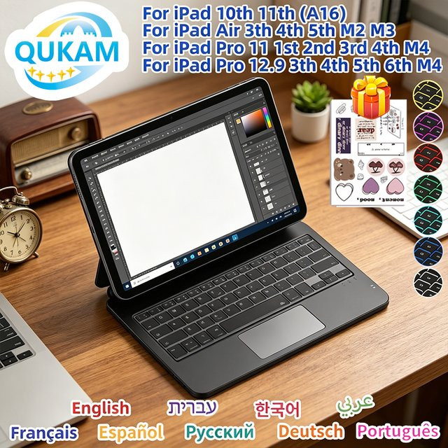 Qukam Magnetische schwebende Tastaturhülle mit Hintergrundbeleuchtung und Trackpad für iPad 11 A16, 10 Air 4 5 6 und Pro 11 13 M4 12.9 in Schwarz oder Weiß - Bild 1