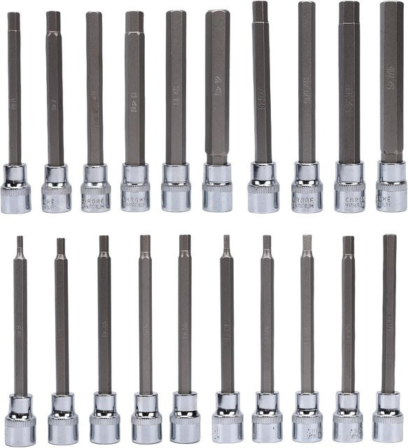 Aimo 20-teiliges extra langes Sechskant-Steckschlüssel-Set aus gehärtetem Edelstahl, 3/8 Zoll Antrieb, metrisch 3-12 mm und SAE 1/8-7/16 Zoll, Farbe Silber - Bild 1