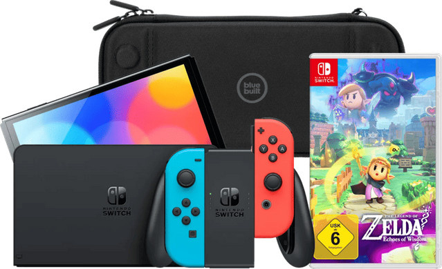 Nintendo Switch OLED Konsole Blau/Rot inklusive Zelda: Echoes of Wisdom und BlueBuilt Schutzhülle - Bild 1